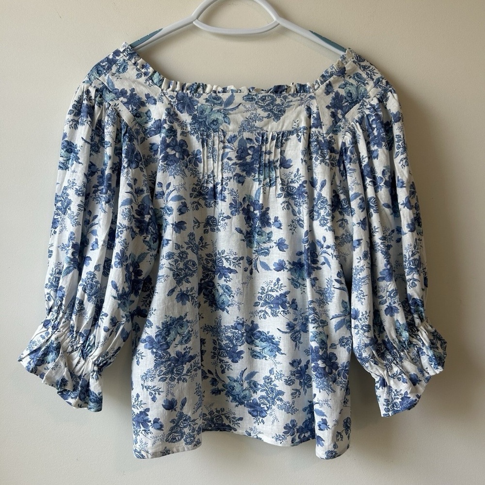 Cupcakes And Cashmere Blue White Square Neck Balloon Sleeve Linen Top Sz XS NWT